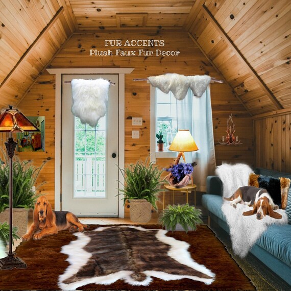 Faux Fur Throw Rug, Golden Brown Double Deer Luxury Pieced Fur Pelt with Black Brown or White Center, Ultra Suede Lining, Fur Accents USA