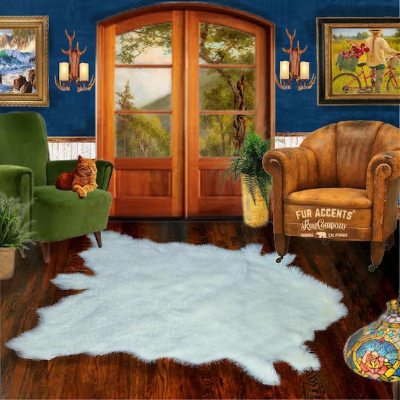 White Cow Hide Shape Sheepskin Rug. Realistic. Faux Fur. Area Rug. Lodge Cabin. Throw Rug. Old Fashion. Rustic. Cottage Decor. Gifts For Dad