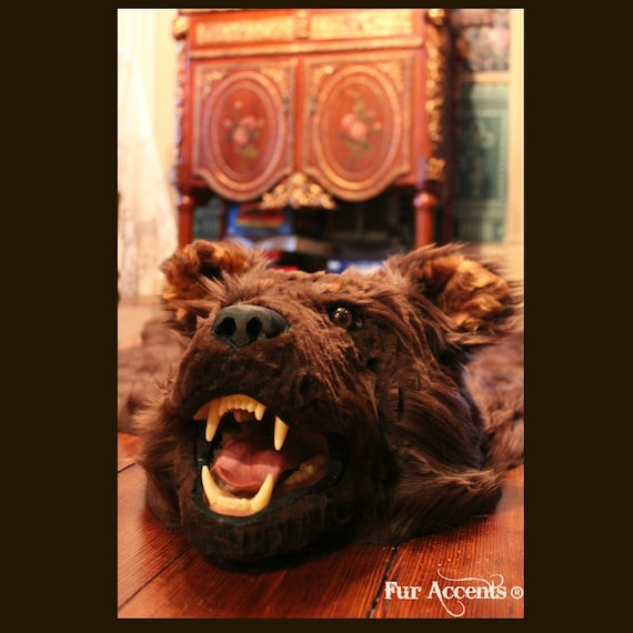 Bear Skin Rug - Hand Made - Realistic - Life Size - Luxury Fur - Brown - White - Black - Off White - Fur Accents USA