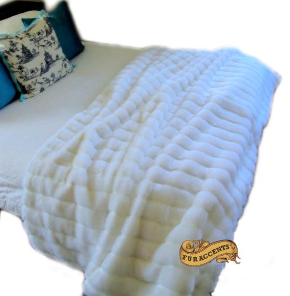 Plush Faux Fur Throw Blanket Bedspread - Super Soft - Ribbed Channel Mink White -Off White - Fur Minky Cuddle Fur Lining - Fur Accents - USA