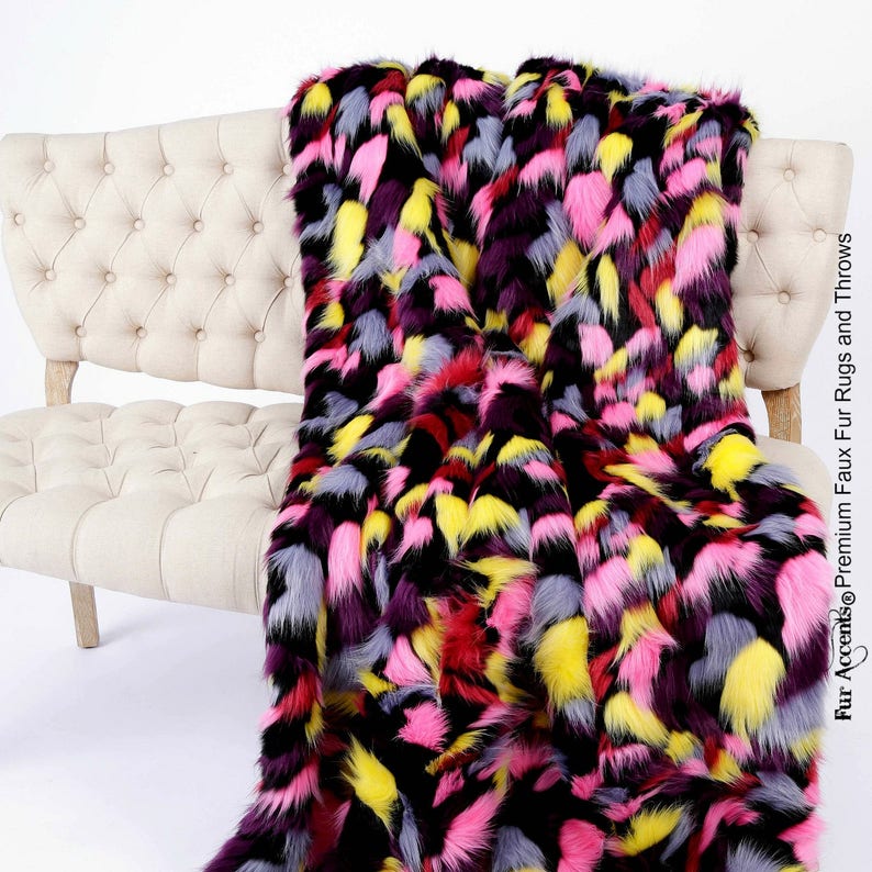 Plush Faux Fur Throw Blanket Soft Multi Color Patch Shag Pink Yellow Gray Black Bedspread Luxury Fur Minky Cuddle Fur Lining FurAccents USA image 2