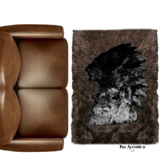 Plush Faux Fur Area Rug - American Indian Head Art Rug - Rectangle - Hand Sewn - Micro Suede Lining - Western - Log Cabin - Fur Accents USA