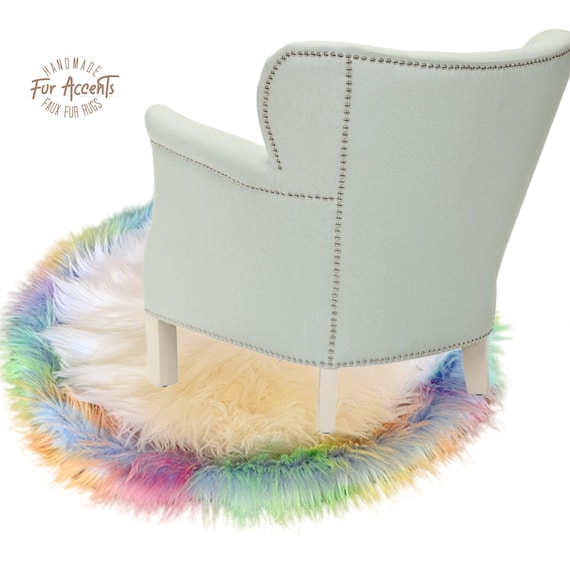 Soft Plush Faux Fur Area Rug, Round, White Shag with Rainbow Border Trim, Handmade in America by Fur Accents USA