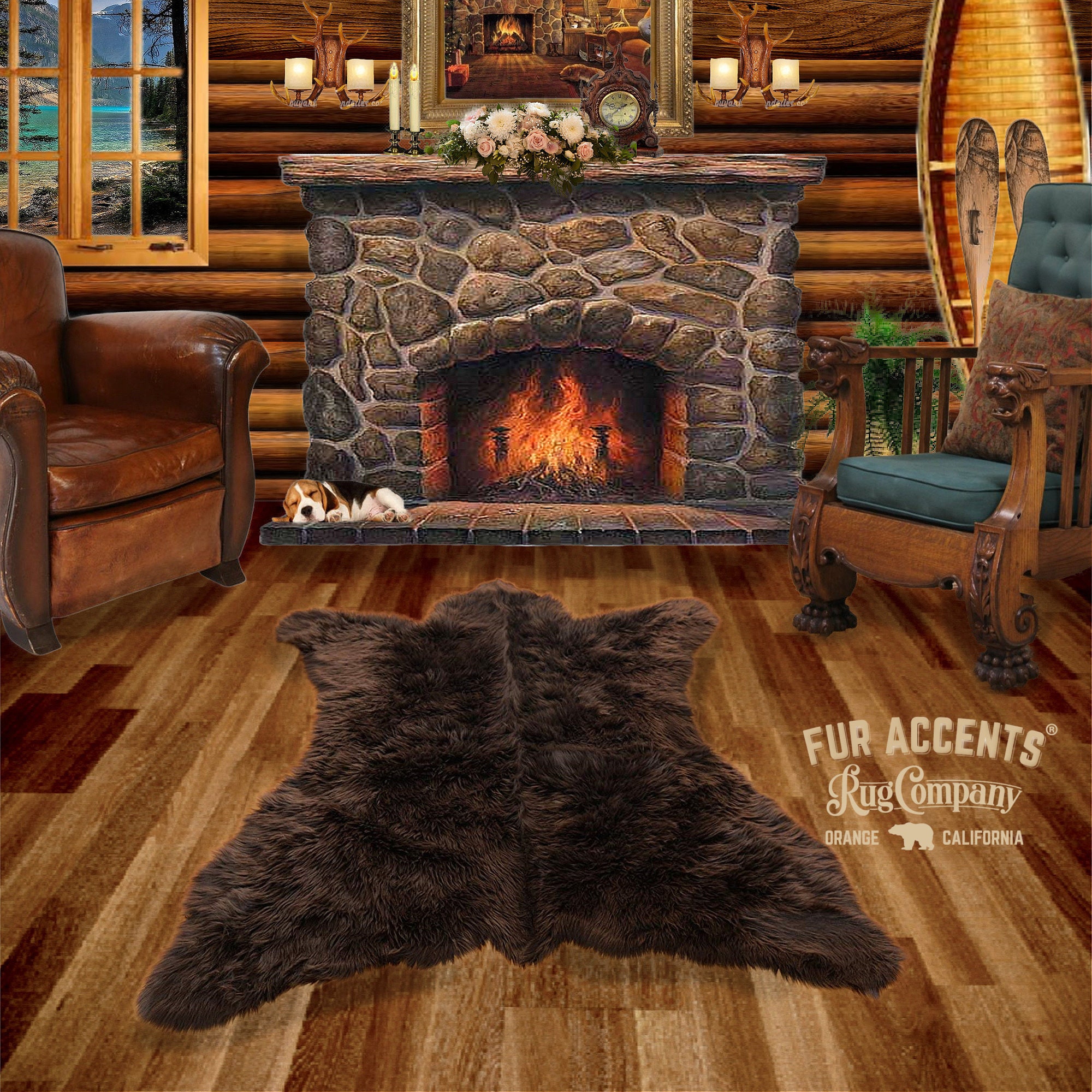 Bear Skin Area Rug Rectangle Gold Brown- Wolf Faux Fur Shag Rug Coyote 