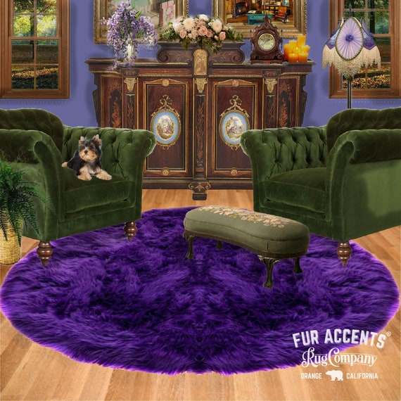 Plush Faux Fur Purple Area Rug - Shaggy Thick Sheepskin - Round Shape Pelt Design  - Designer Art Rug by Fur Accents USA