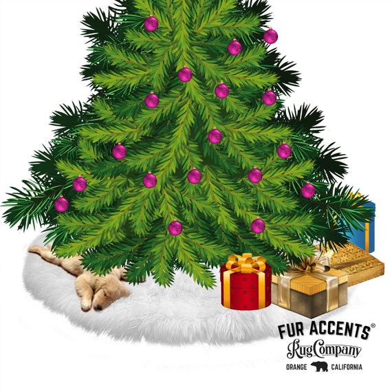Classic Faux Fur Christmas Tree Skirt - Shaggy Shag Faux Sheepskin Round - Center Opening - White and Off White - by Fur Accents - USA