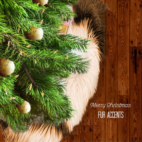 Classic Faux Fur Christmas Tree Skirt - Shaggy Shag Faux Sheepskin Pelt - Round with Slit - Brown Spot Icelandic Sheep - Fur Accents - USA