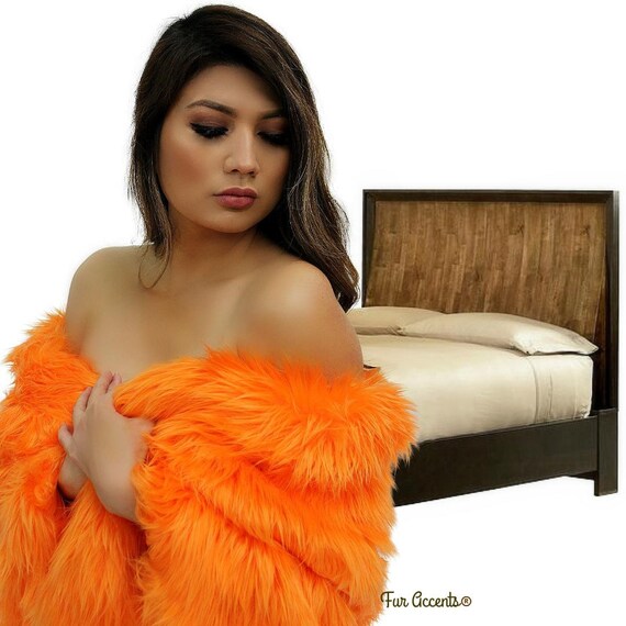 Plush Faux Fur Throw Blanket - Bedspread - Duvet - Orange - Exclusive Luxury Shag Fur - Minky Cuddle Lining - Fur Accents - Hand Made USA