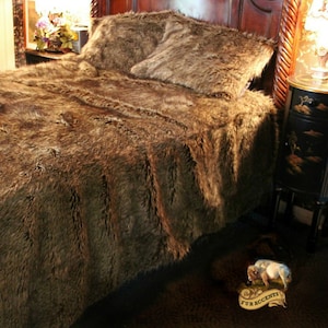 Plush Faux Fur Bedspread - Golden Brown Wolf - Coyote Design - Designer Throws by Fur Accents USA