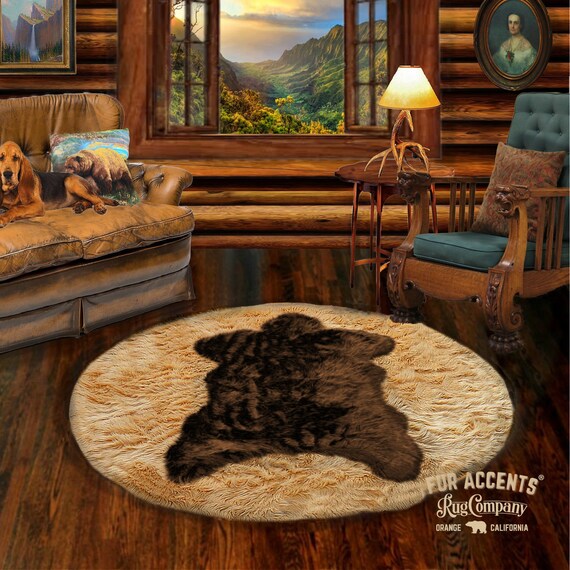 Plush Faux Fur Area Rug - Luxury Fur Brown Bear Skin - Faux Fur - Round Pelt Shape Designer Throw Art Rug by- Fur Accents - USA