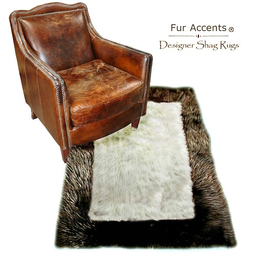 Faux Fur Area Rug - Rich Brown / Off White Shaggy Carpet - Sheepskin - Rectangle Border - Plush Designer Nursery Throw Rug - Fur Accents USA