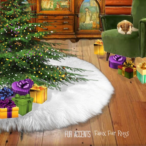 Classic Faux Fur Christmas Tree Skirt - Shaggy Shag Faux Sheepskin Round  - White  - by Fur Accents - USA