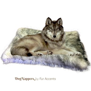 May include: A gray wolf with brown markings lies on a gray and white faux fur dog bed. The bed has a light blue border. The text "Dog Nappers by Fur Accents" is printed below the bed.