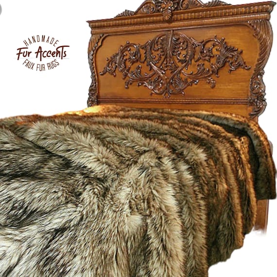 Faux Fur Bedspread, Coyote, Wolf, Designer Bedspread,  Matching Shams, Throw Blankets Available Hand made USA, Bedding by Fur Accents USA,