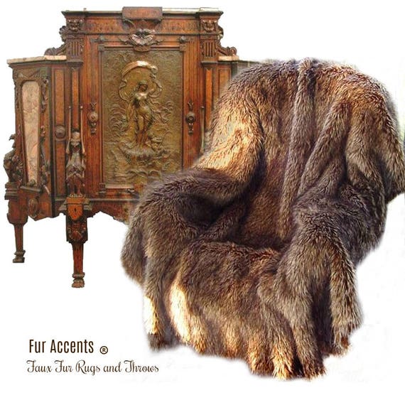 Plush  Faux Fur Throw Blanket - Medium Brown Wolf Fur - Bedspread - Luxury Fur -  Minky Cuddle Fur Lining Fur Accents USA