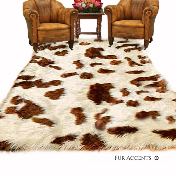 Plush Sheepskin Area Rug - Rectangle - Luxurious -Icelandic Sheep Thick Shaggy Faux Fur Pelt - Brown Spotted Fur Accents USA