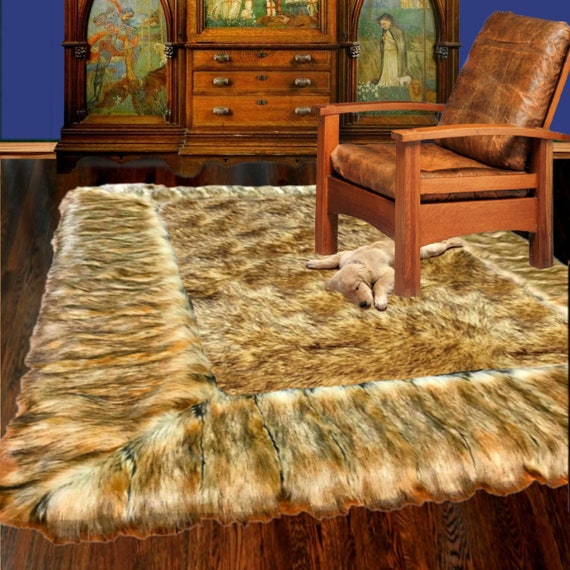 Plush Faux Fur Throw Area Rug, Wolf Fur Center, Ribbed Fox Fur Border Trim, Rectangle, Ultra-Suede Lining, Handmade, Fur Accents, USA