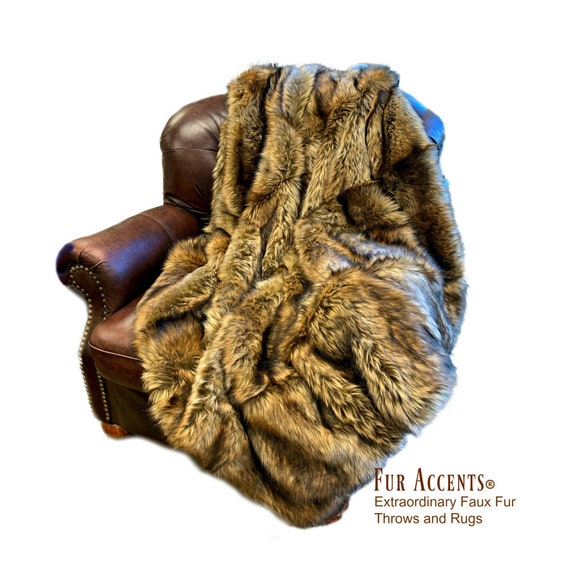 Plush Faux Fur Throw Blanket - Bedspread - Luxury Pieced   Fur Golden Brown or Stripe Wolf Fur Minky Cuddle Fur Lining - Fur Accents - USA