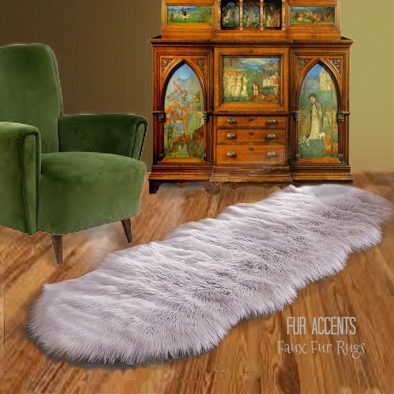 Plush Faux Fur Accent Rug, Carpet Runner, Double Sheepskin Design, White, Black, Brown, Tan, Gray, Pink Designer Art Rug by Fur Accents USA