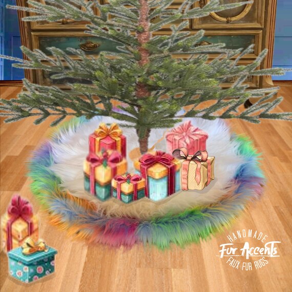 Extraordinary Faux Fur Christmas Tree Skirt - Plush Shag Faux Sheepskin - Round White with Rainbow Trim - Decoration - by Fur Accents USA