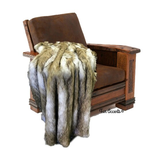 Plush Faux Fur Throw Blanket - Bedspread - Luxury Pieced   Fur Golden Brown Coyote Stripe Fur Minky Cuddle Fur Lining - Fur Accents - USA