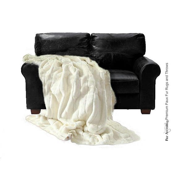 Plush Faux Fur Throw Blanket Bedspread - Super Soft - Ribbed Channel Mink White -Off White - Fur Minky Cuddle Fur Lining - Fur Accents - USA