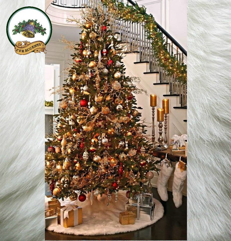 Classic Faux Fur Christmas Tree Skirt Shaggy Shag Faux Sheepskin Round White and Off White by Fur Accents USA image 2