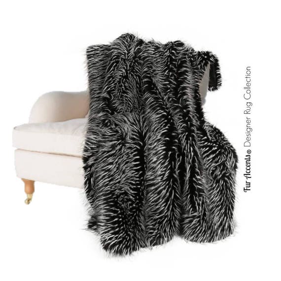 Thick Faux Fur Throw Blanket - Luxury Fur - Black with White Spikes - Minky Cuddle Fur Lining - Fur Accents - USA
