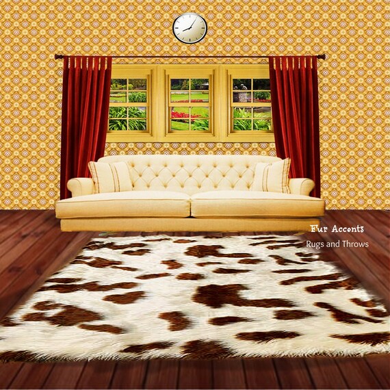 Plush Faux Fur Area Rug - Luxury Fur Thick Shaggy Icelandic Sheepskin - Brown Spotted - Rectangle Shape - Designer Throw - Fur Accents USA