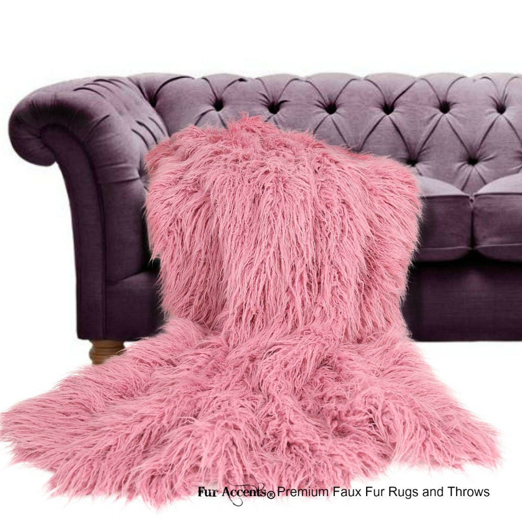 Plush Faux Fur Throw Blanket Bedspread Mongolian Llama Shag Light Pink Raspberry Rose Fur Minky Cuddle Fur Lining Fur Accents USA