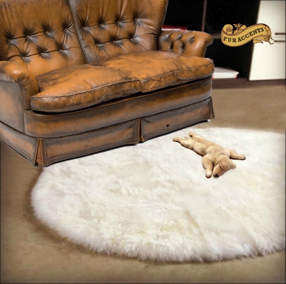 Plush Faux Fur Round Area Rug - White - Ivory White - Bonded Shag - Sheepskin - Designer Throw Rug - 100% Animal Friendly  Fur Accents - USA