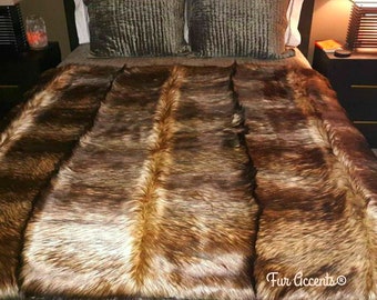 Plush Faux Fur Throw Blanket - Bedspread - Luxury Pieced   Fur Golden Brown or Stripe Wolf Fur Minky Cuddle Fur Lining - Fur Accents - USA