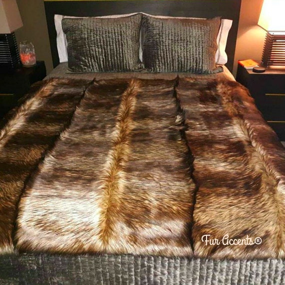 Plush Faux Fur Throw Blanket - Bedspread - Luxury Pieced   Fur Golden Brown or Stripe Wolf Fur Minky Cuddle Fur Lining - Fur Accents - USA
