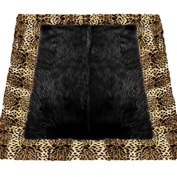 Faux Fur Shag Area Rug - Spotted Leopard Border - Choose Brown or Black or White Center - Ultra-Suede Lining - Fur Accents - USA