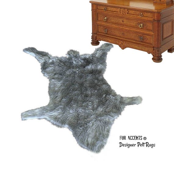 Bear Skin Rug - Faux Fur Area Rug - White,Off White,Brown,Black,Tan,Gray - Wolf Pelt Shape - Designer Throw Rug - Fur Accents - USA