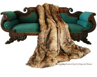 Plush Faux Fur Throw Blanket - Bedspread - Luxury Pieced Strip Fur Golden Brown Stripe Wolf Fur Minky Cuddle Fur Lining - Fur Accents - USA