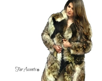 Patchwork Faux Fur Long Coat, Multi Pelt Hooded Jacket, Unisex Oversize
