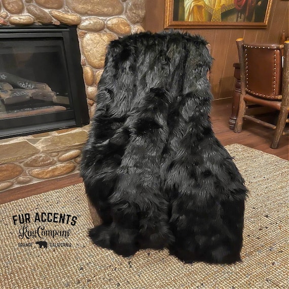 Plush  Faux Fur Throw Rug, Soft Black Bear Shag Luxury Fur,  Red Bear Minky Cuddle Lining, Fur Accents USA