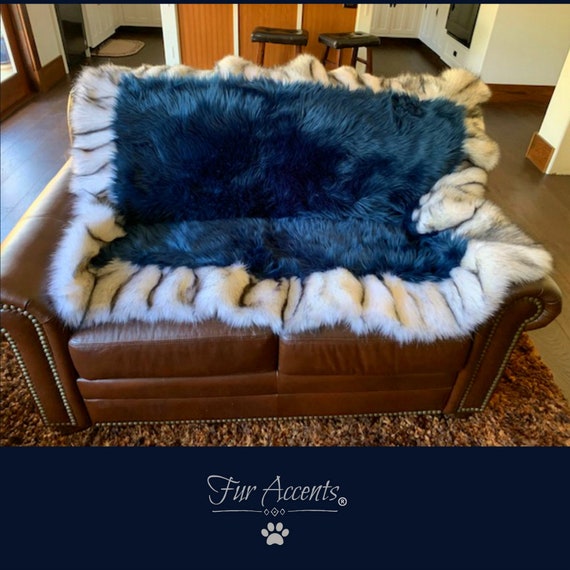Faux Fur Throw Blanket - Area Rug - Bed Spread - Cobalt Blue Shag - Exotic Gray Wolf Border Trim - Lining - Fur Accents - USA