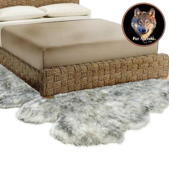 Luxurious Faux Fur Area Rug, Thick Shaggy Multi Pelt Sheepskin Design - Black Tip Arctic Wolf - Designer Carpet - Hand Made Fur Accents USA