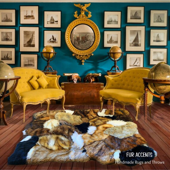 Fur Rug - Patchwork Pieced Fur 100% Animal Friendly Sumptuous One of a Kind Hand Made Throw Toss Designer Originals by fur Accents - USA