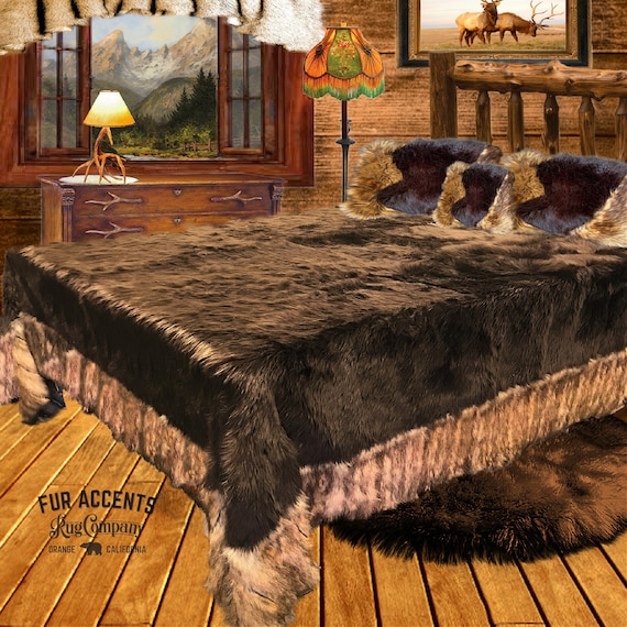 Faux Fur Throw Blanket - Bedspread - Ribbed Fox Border - Shag - Brown Ribbed Fox or Silver Gray Ribbed Fox - Fur Accents - USA