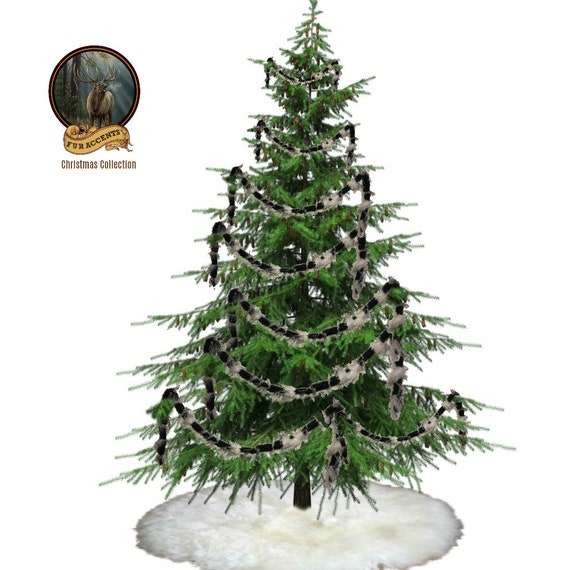 Faux Fur Christmas Tree Garland - Shaggy Black and White Rabbit - Strand - Ornament - Tree Trim - Decoration - White - by Fur Accents - USA