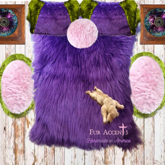 Plush Faux Fur Bedspread - Pillow Shams - 6 Pc Custom Set - Purple Violet  Color - Euro - Shams and Toss Pillow Handmade - Fur Accents USA