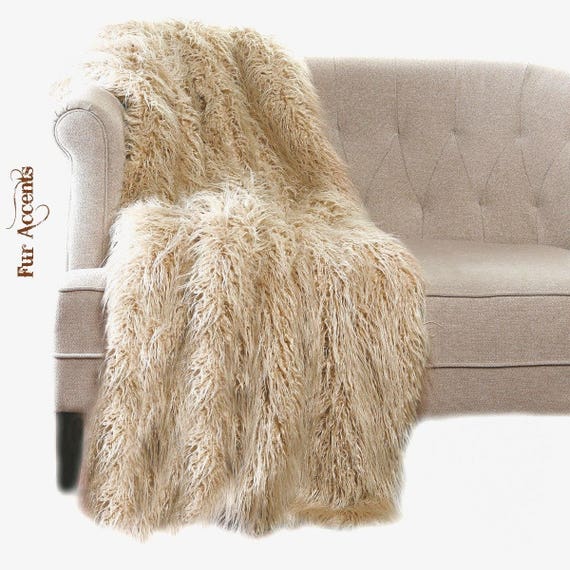 Plush  Faux Fur Throw Blanket, Beige Mongolian Shag Sheepskin - Bedspread - Luxury Fur - Minky Cuddle Fur Lining Fur Accents USA