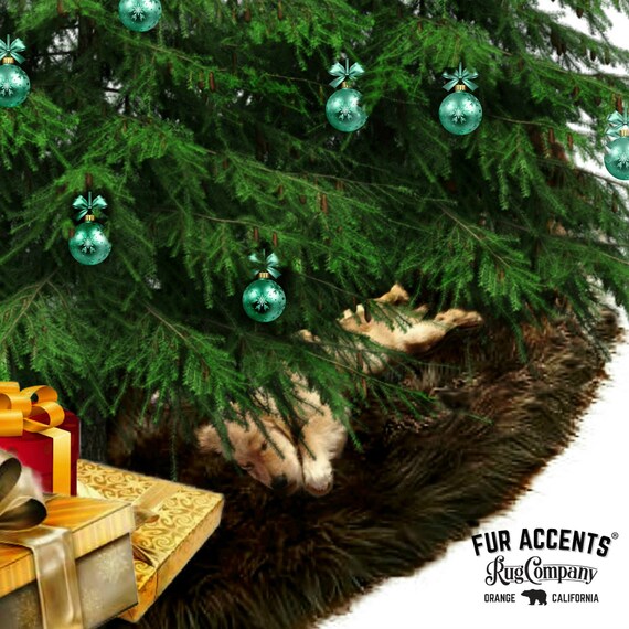 Classic Faux Fur Christmas Tree Skirt - Shaggy Shag Faux Sheepskin Pelt Shape  - Colors - White and Off White - by Fur Accents - USA