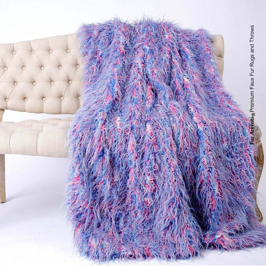 Plush Faux Fur Throw Blanket Soft Pink White and Blue Mongolian