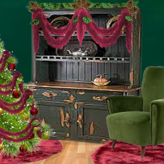 Faux Fur Christmas Tree Garland, Swag, Shaggy Cranberry Red, Strand, Ornament, Stairway Trim, Mantle Decoration, Fur Tinsel, Fur Accents-USA