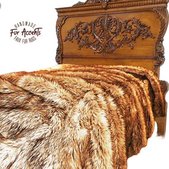 Faux Fur Bedspread Golden Brown Wolf Designer Throw Blanket Bedding by Fur Accents USA Matching Pillows Shams Throw Blankets Available Etsy