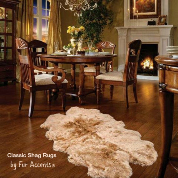 Plush Faux Fur Area Rug - Shaggy Sheepskin - Natural Pelt Shape - Beige - Designer Art Rug by Fur Accents USA